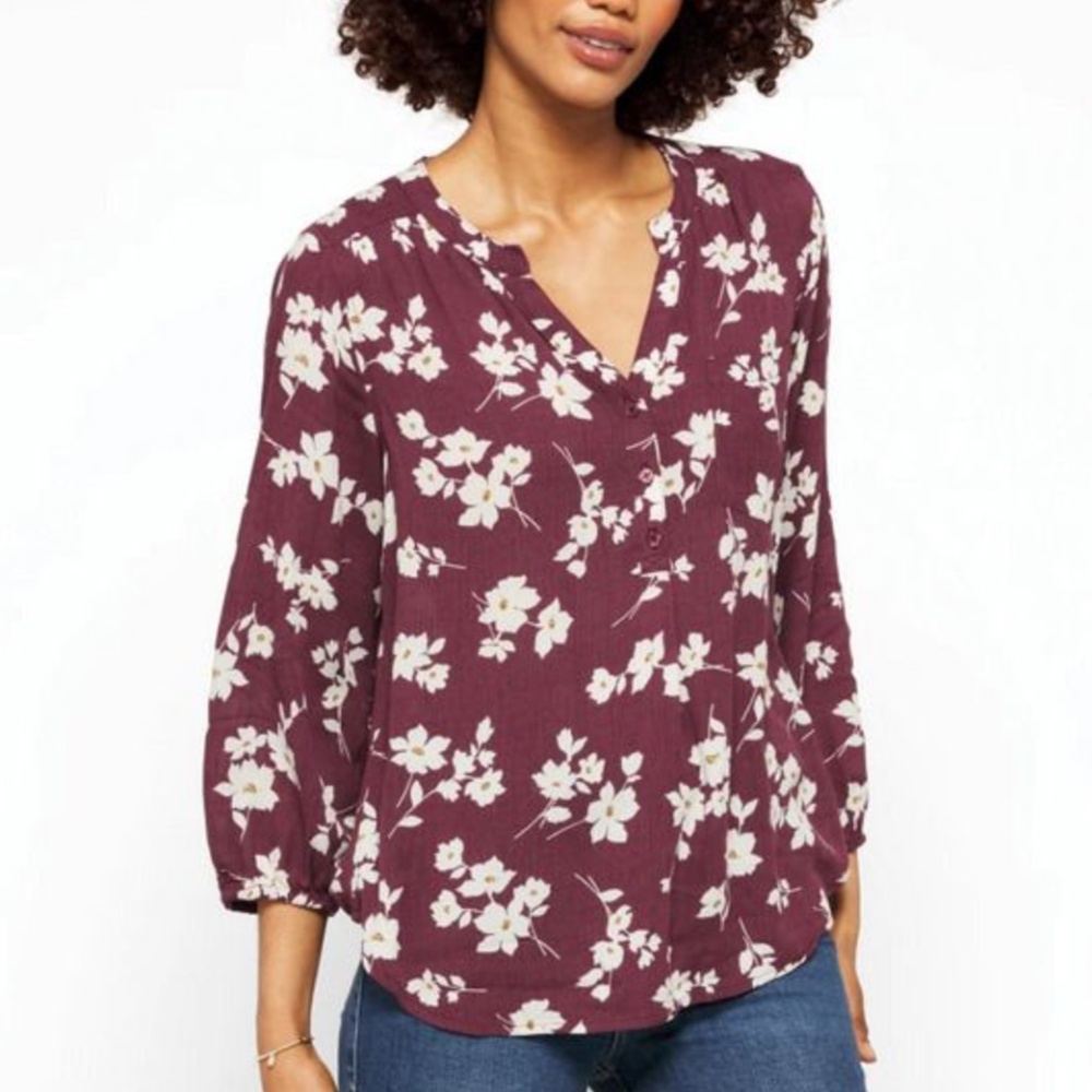 EUC - Market & Spruce - Split Neck Floral Blouse - Plum/Ivory - L